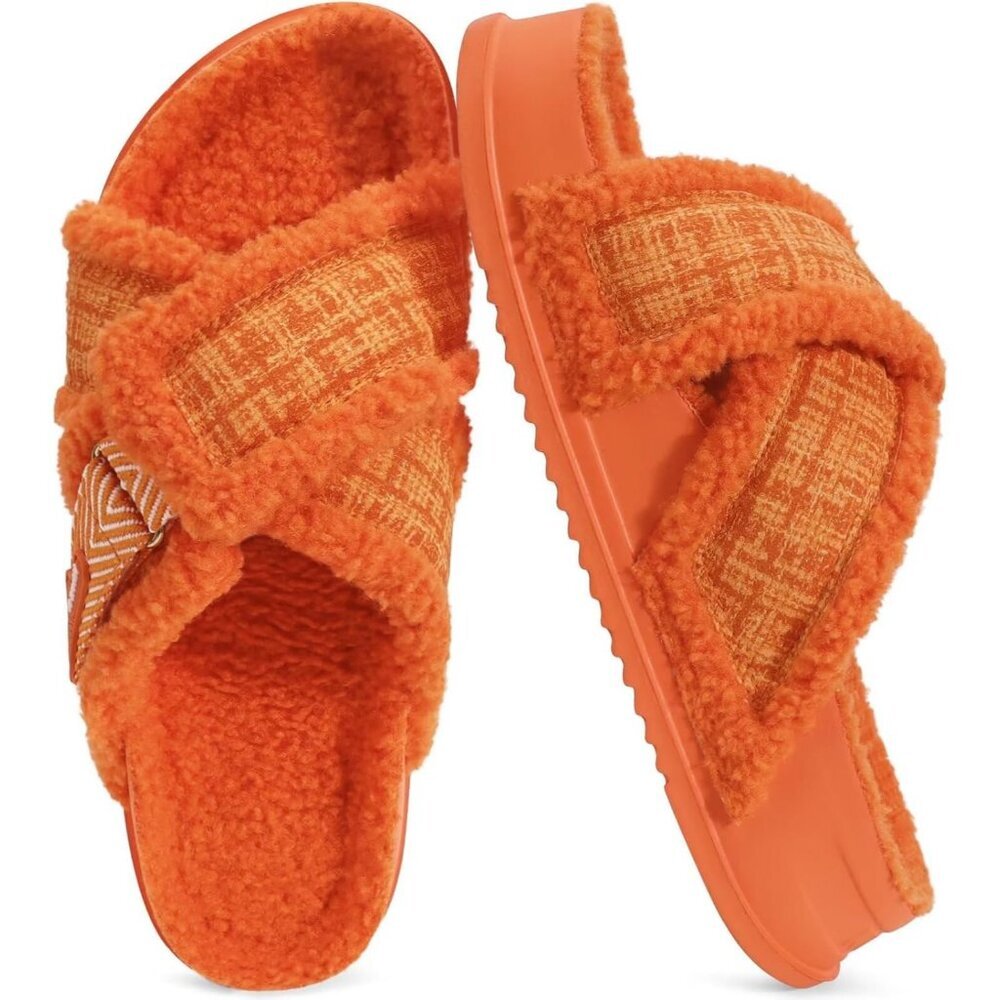 Women's Orange Fuzzy Furry Faux Fur Cross Band Arch Open Slippers Slides Shoes